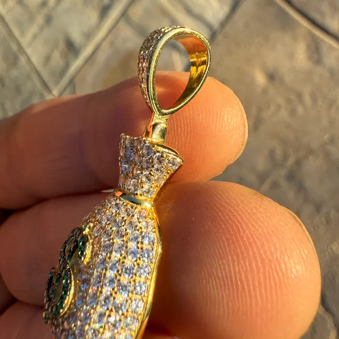 14k Gold Plated over 925 Sterling Silver Iced Money Bag Emoji Pendant Bling Cartel Necklaces 14k Gold Plated over 925 Sterling Silver Iced Money Bag Emoji Pendant Bling Cartel Necklaces