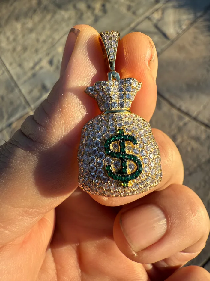 14k Gold Plated over 925 Sterling Silver Iced Money Bag Emoji Pendant Bling Cartel Necklaces 14k Gold Plated over 925 Sterling Silver Iced Money Bag Emoji Pendant Bling Cartel Necklaces