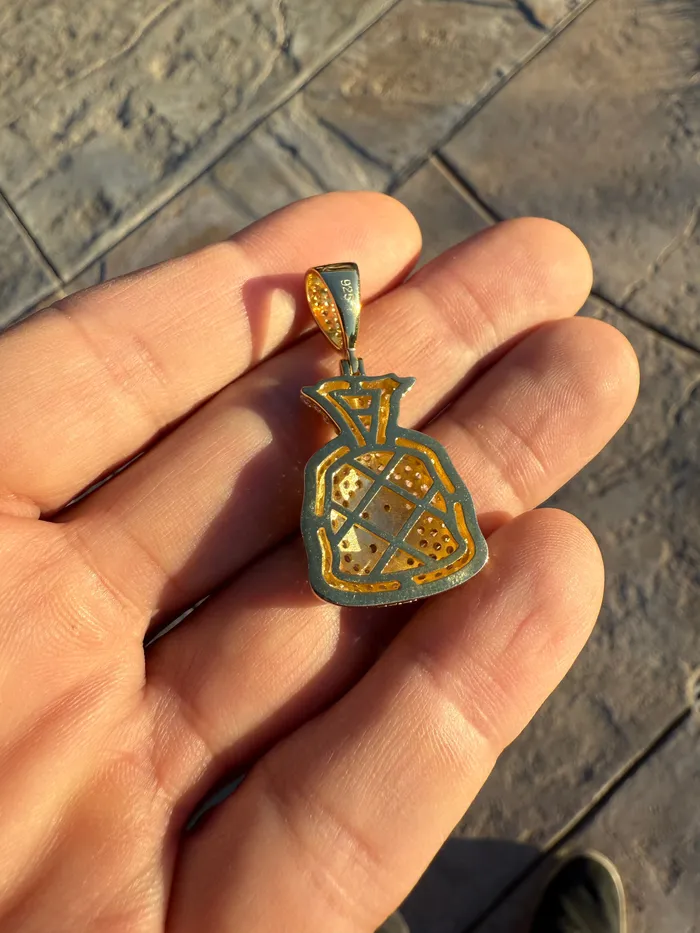 14k Gold Plated over 925 Sterling Silver Iced Money Bag Emoji Pendant Bling Cartel Necklaces 14k Gold Plated over 925 Sterling Silver Iced Money Bag Emoji Pendant Bling Cartel Necklaces