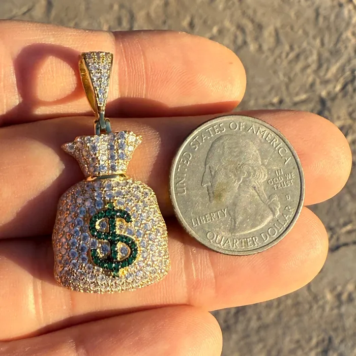 14k Gold Plated over 925 Sterling Silver Iced Money Bag Emoji Pendant Bling Cartel Necklaces 14k Gold Plated over 925 Sterling Silver Iced Money Bag Emoji Pendant Bling Cartel Necklaces