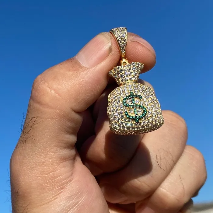 14k Gold Plated over 925 Sterling Silver Iced Money Bag Emoji Pendant Bling Cartel Necklaces 14k Gold Plated over 925 Sterling Silver Iced Money Bag Emoji Pendant Bling Cartel Necklaces