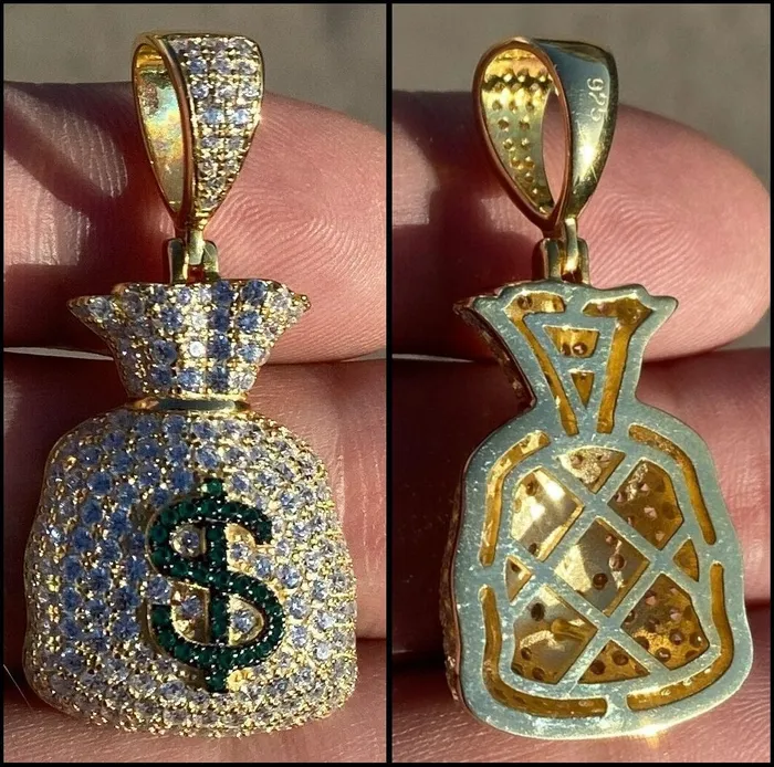 14k Gold Plated over 925 Sterling Silver Iced Money Bag Emoji Pendant Bling Cartel Necklaces 14k Gold Plated over 925 Sterling Silver Iced Money Bag Emoji Pendant Bling Cartel Necklaces