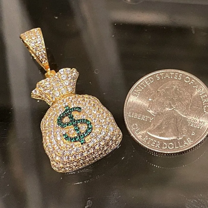 14k Gold Plated over 925 Sterling Silver Iced Money Bag Emoji Pendant Bling Cartel Necklaces 14k Gold Plated over 925 Sterling Silver Iced Money Bag Emoji Pendant Bling Cartel Necklaces