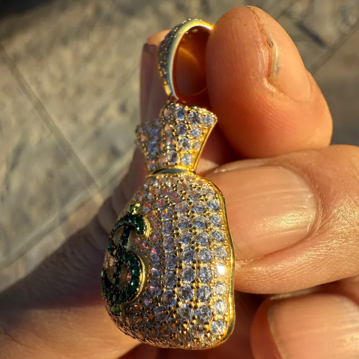14k Gold Plated over 925 Sterling Silver Iced Money Bag Emoji Pendant Bling Cartel Necklaces 14k Gold Plated over 925 Sterling Silver Iced Money Bag Emoji Pendant Bling Cartel Necklaces