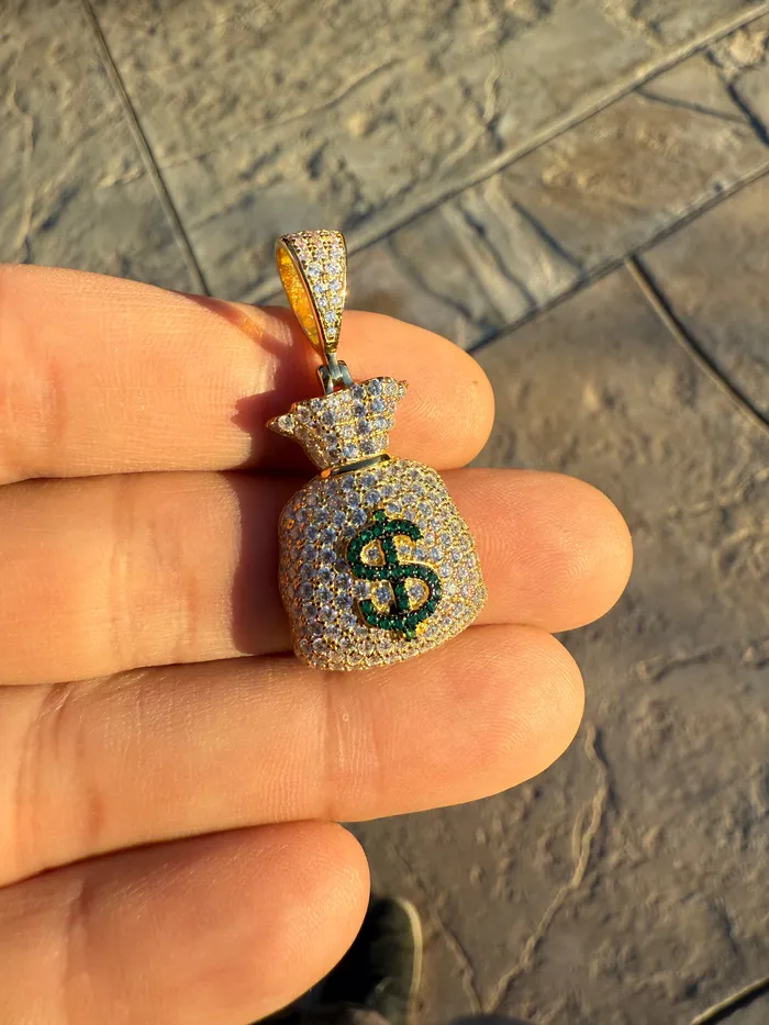 14k Gold Plated over 925 Sterling Silver Iced Money Bag Emoji Pendant Bling Cartel Necklaces 14k Gold Plated over 925 Sterling Silver Iced Money Bag Emoji Pendant Bling Cartel Necklaces