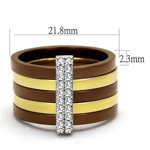 Alamode Rings TK2601 Three Tone IP Gold IP Light coffee High Polished Stainless Steel Ring with Top Grade Crystal in Clear
