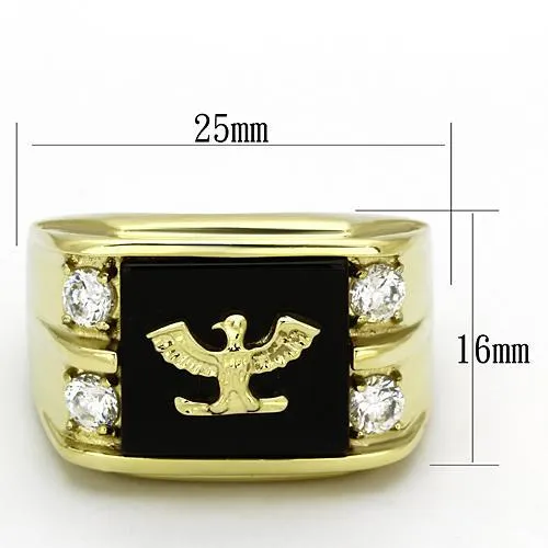 Alamode Rings TK793 IP GoldIon Plating Stainless Steel Ring with SemiPrecious Agate in Jet