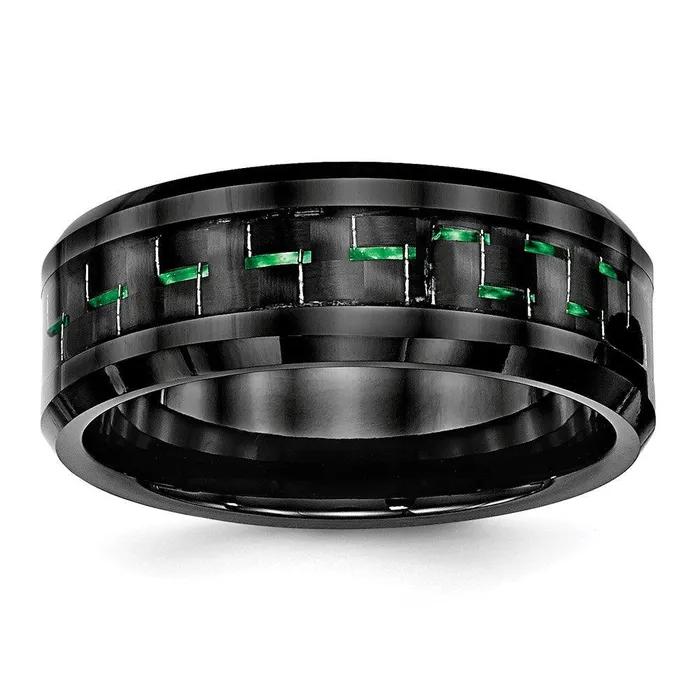 Rings Chisel Ceramic Black with Green Carbon Fiber Inlay Beveled Edge Ring Rings Chisel Ceramic Black with Green Carbon Fiber Inlay Beveled Edge Ring