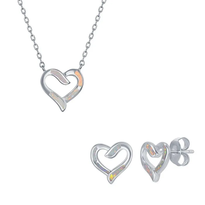 Womens Necklace and Earrings Set Sterling Silver White Opal Heart SET576 Classic Earrings