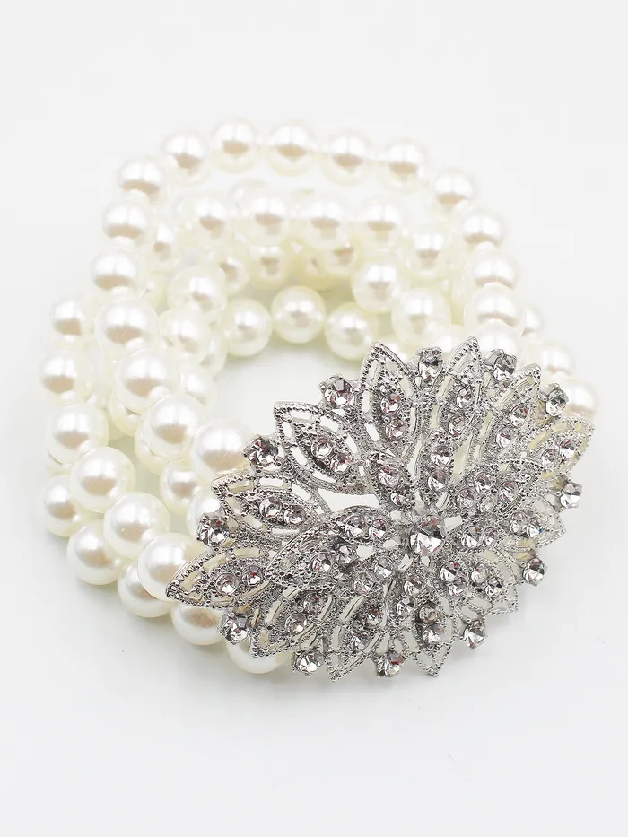 081022 Bracelets Multiple Row Pearl Bracelet with Rhinestones