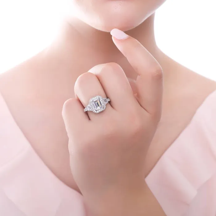 BERRICLE Halo Emerald Cut CZ Ring Set in Sterling Silver Rings