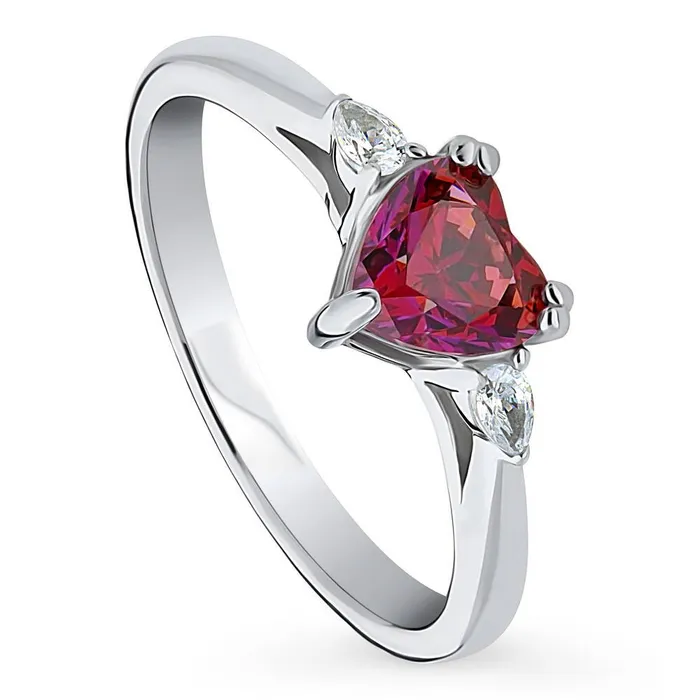BERRICLE Rings 3Stone Heart Red Heart CZ Ring in Sterling Silver 07ct