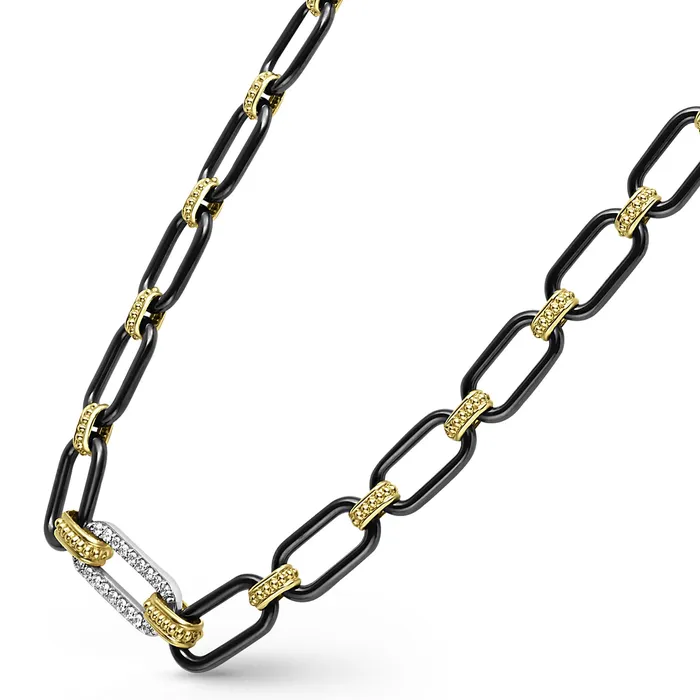 LAGOS Necklaces Signature Caviar 18K Gold and Black Ceramic Diamond Station Link Necklace 6mm LAGOS Necklaces Signature Caviar 18K Gold and Black Ceramic Diamond Station Link Necklace 6mm