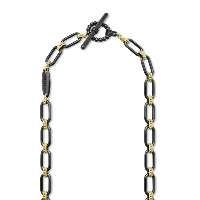 LAGOS Necklaces Signature Caviar 18K Gold and Black Ceramic Diamond Station Link Necklace 6mm LAGOS Necklaces Signature Caviar 18K Gold and Black Ceramic Diamond Station Link Necklace 6mm