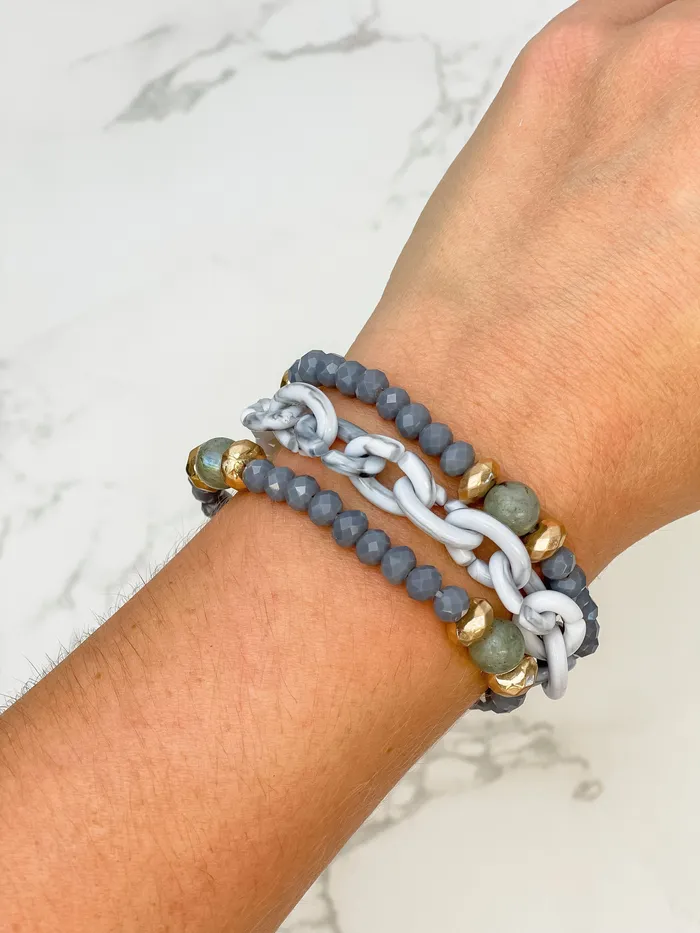 Prep Obsessed JJ Bracelets Stone Chain Glass Bead Stretch Bracelet Set Gray