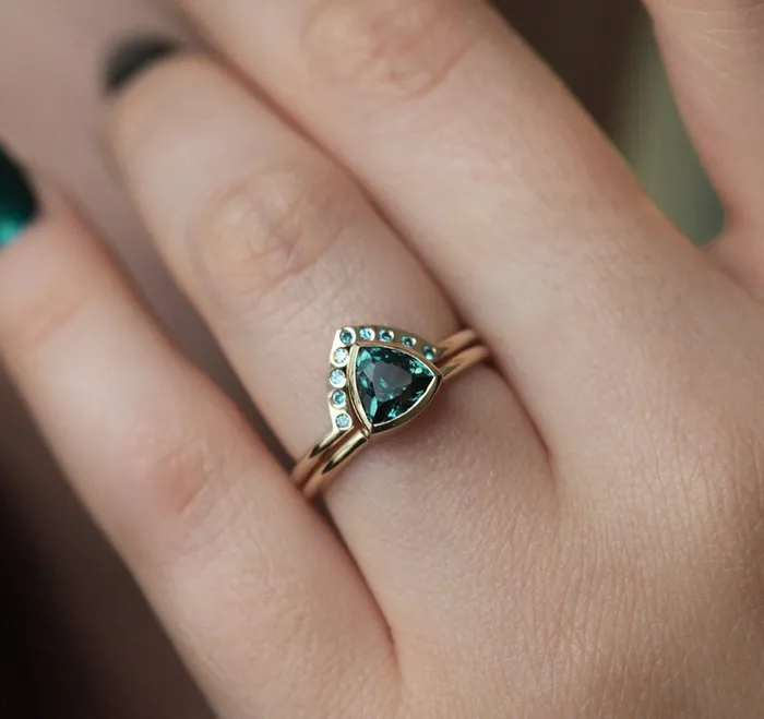 Teal Trillion Sapphire Ring With Blue Diamond Band Trillion Capucinne Rings