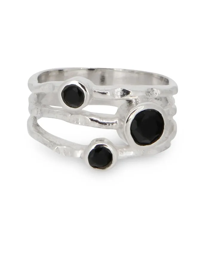 Buddha Groove Rings Black Onyx Triple Gemstone Ring Sterling Silver