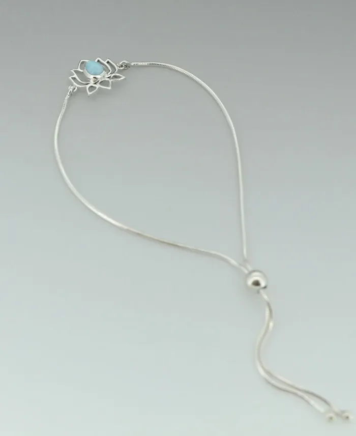 Buddha Groove Sterling Silver Adjustable Lotus Bolo Bracelet with Larimar Gemstone Bracelets