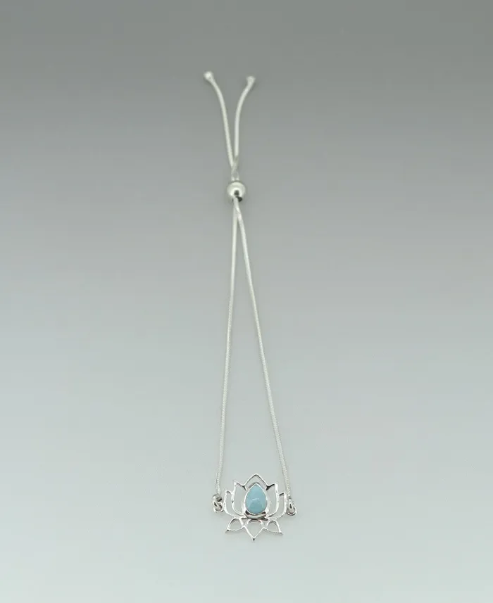 Buddha Groove Sterling Silver Adjustable Lotus Bolo Bracelet with Larimar Gemstone Bracelets