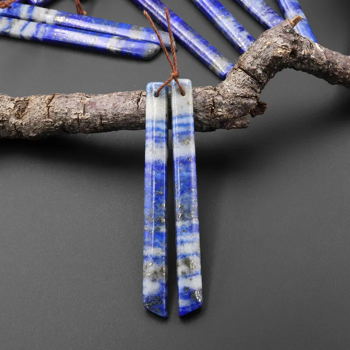 Intrinsic Trading Natural Blue Lapis Earring Pair Modern Long Beveled Rectangle Spike Matched Gemstone Beads Earrings
