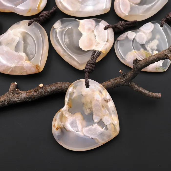 Intrinsic Trading Necklaces AAA Natural Cherry Blossom Flower Agate Indented Heart Pendant Focal Worry Stone