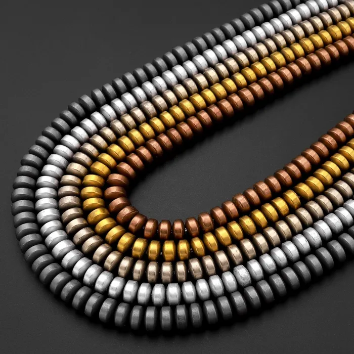 Intrinsic Trading Rings Matte Hematite Smooth Rondelle Wheel Saucer Beads 3mm 4mm 6mm Titanium Silver Gold Bronze Champagne Gunmetal Black Colors 155 Strand