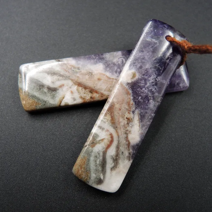 Natural Chevron Amethyst Earring Pair Rectangle Cabochon Cab Pair Drilled Matched Earrings Bead Pair Stone E1232 Intrinsic Trading Earrings