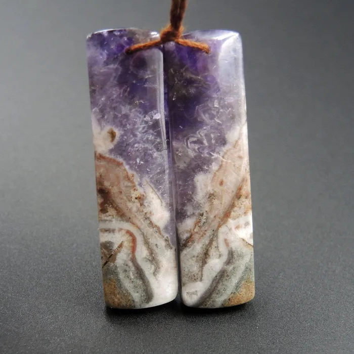 Natural Chevron Amethyst Earring Pair Rectangle Cabochon Cab Pair Drilled Matched Earrings Bead Pair Stone E1232 Intrinsic Trading Earrings