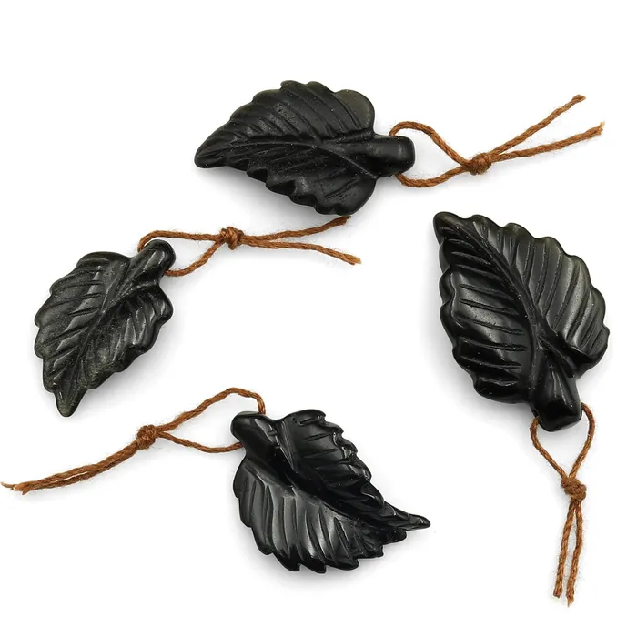 Necklaces Intrinsic Trading Hand Carved Natural Black Onyx Leaf Pendant Bead Drilled Gemstone
