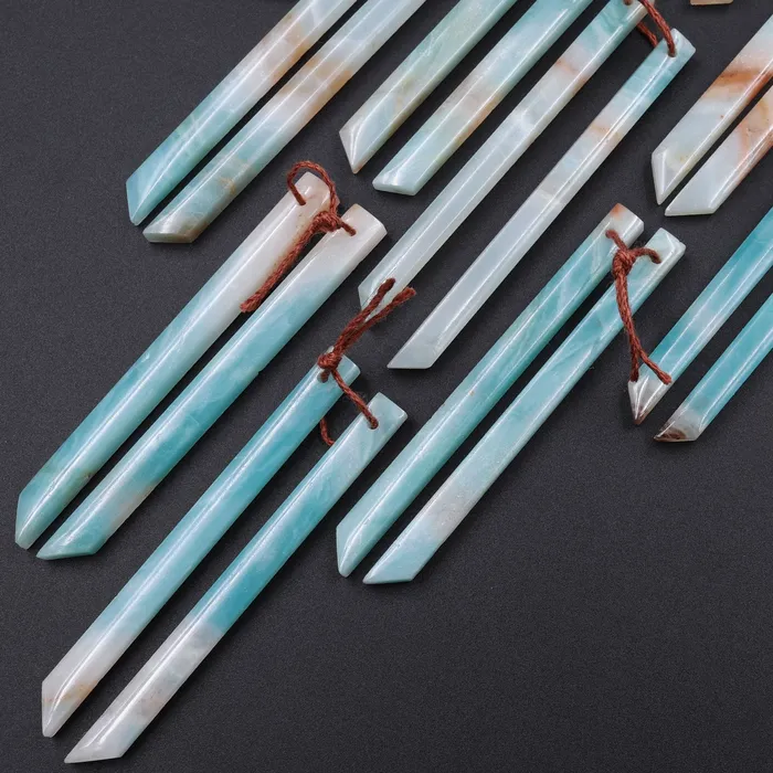 Super Long Linear Spike Earring Pair Matched Gemstone Natural Sea Blue Green Amazonite Beads With Beveled Edge Intrinsic Trading Earrings