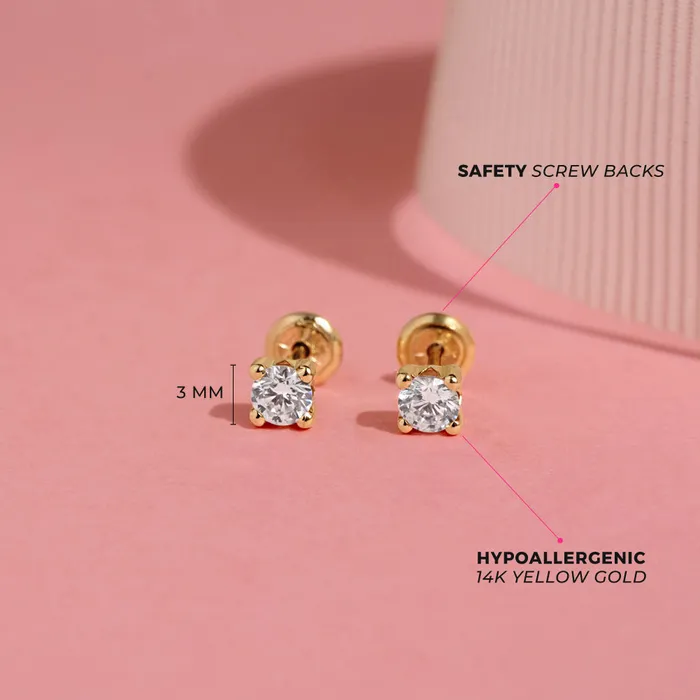 Baby Screw Back Earrings Earrings 14k Gold 4 Prong CZ Solitaire 25mm Baby Toddler Kids Earrings Safety Screw Back