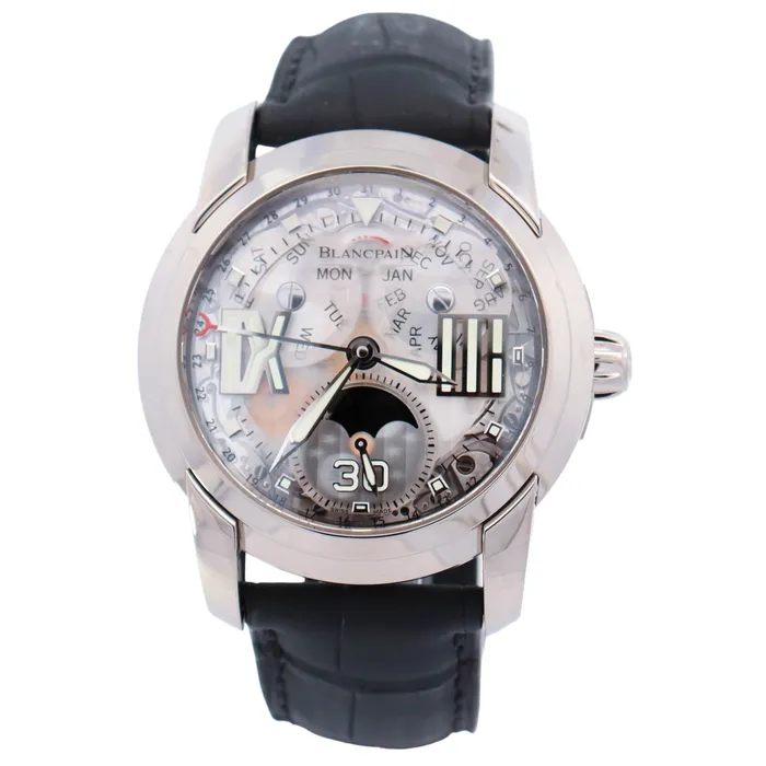 Blancpain LEvolution Quantieme White Gold 435mm Openwork Roman Stick Dial Watch Reference 8866150053B Happy Jewelers Watches Blancpain LEvolution Quantieme White Gold 435mm Openwork Roman Stick Dial Watch Reference 8866150053B Happy Jewelers Watches
