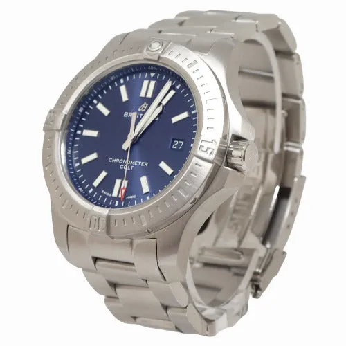 Breitling Mens Colt Stainless Steel 44mm Blue Stick Dial Watch Reference A17388 Happy Jewelers Watches