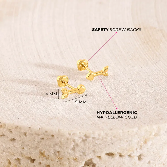 Earrings 14k Gold Love Heart Arrows Kids Childrens Girls Earrings Safety Screw Back Kids Screw Back Earrings