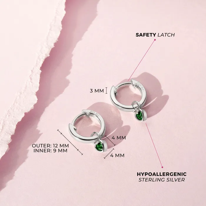 Earrings Baby Hoop Earrings CZ Birthstone Heart 9mm Kids Childrens Girls Earrings HoopHuggie Dangle Safety Latch Sterling Silver