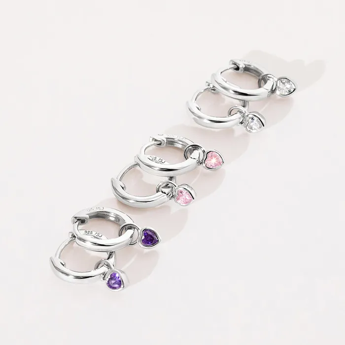 Earrings Baby Hoop Earrings CZ Birthstone Heart 9mm Kids Childrens Girls Earrings HoopHuggie Dangle Safety Latch Sterling Silver