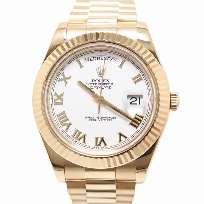Happy Jewelers Watches Rolex Day Date 41 Yellow Gold White Roman Dial Watch Reference 218238 Happy Jewelers Watches Rolex Day Date 41 Yellow Gold White Roman Dial Watch Reference 218238