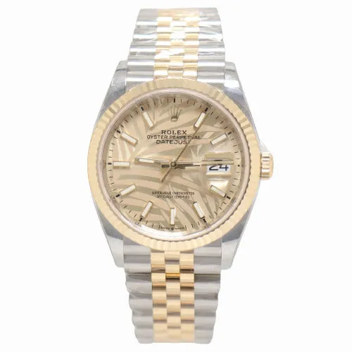 Rings NEW Rolex Datejust Two Tone Yellow Gold and Stainless Steel 36mm Champagne Palm Motif Stick Dial Watch Reference 126233 Happy Jewelers