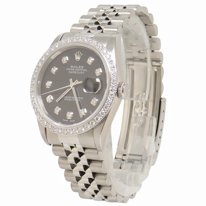 Rolex Datejust 36mm Stainless Steel Custom Black Diamond Dial Watch Reference 16234 Happy Jewelers Bracelets
