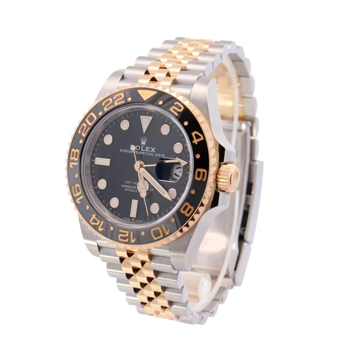 Rolex GMT Master II Guinness TwoTone Stainless Steel Yellow Gold 40mm Black Dot Dial Watch Reference 126713GRNR Happy Jewelers Rings