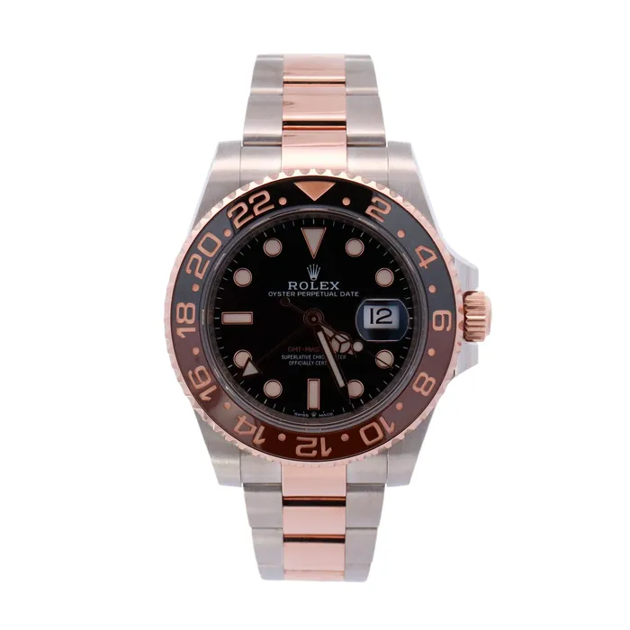 Rolex GMT Master II Rootbeer Two Tone Yellow Gold Steel 40mm Black Dot Dial Watch Reference 126711CHNR Happy Jewelers Rings