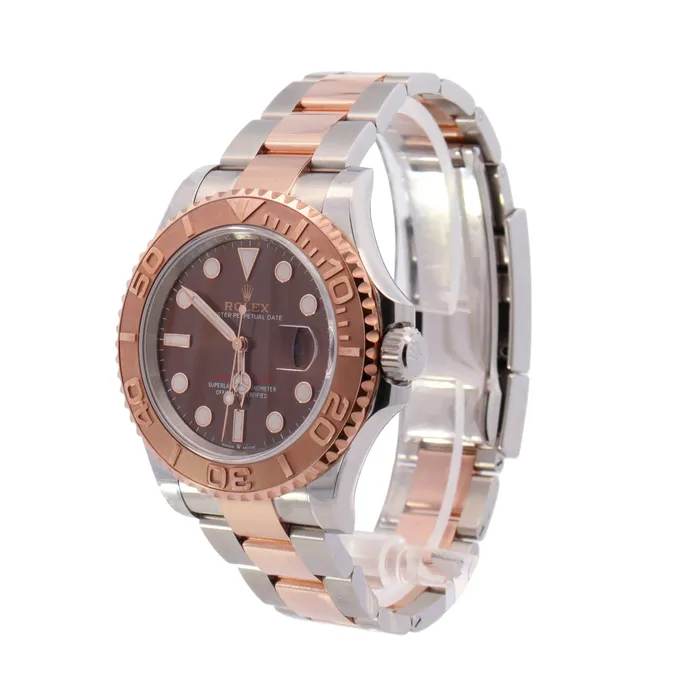 Rolex Yacht Master Two Tone Stainless Steel Rose Gold 40mm Chocolate Dot Dial Watch Reference 126621 Happy Jewelers Earrings