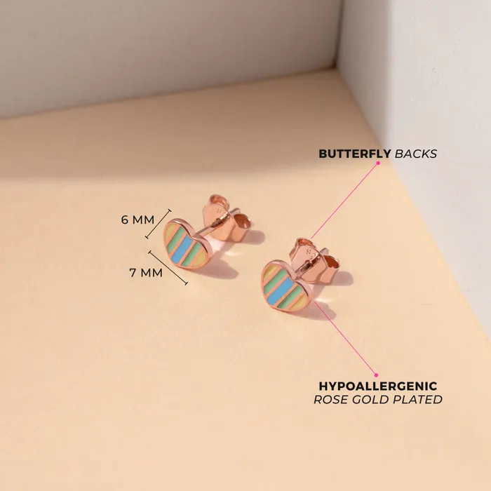 Teen Stud Earrings Earrings Rainbow Heart Kids Teen Earrings Enamel Sterling Silver Rose Gold Plated